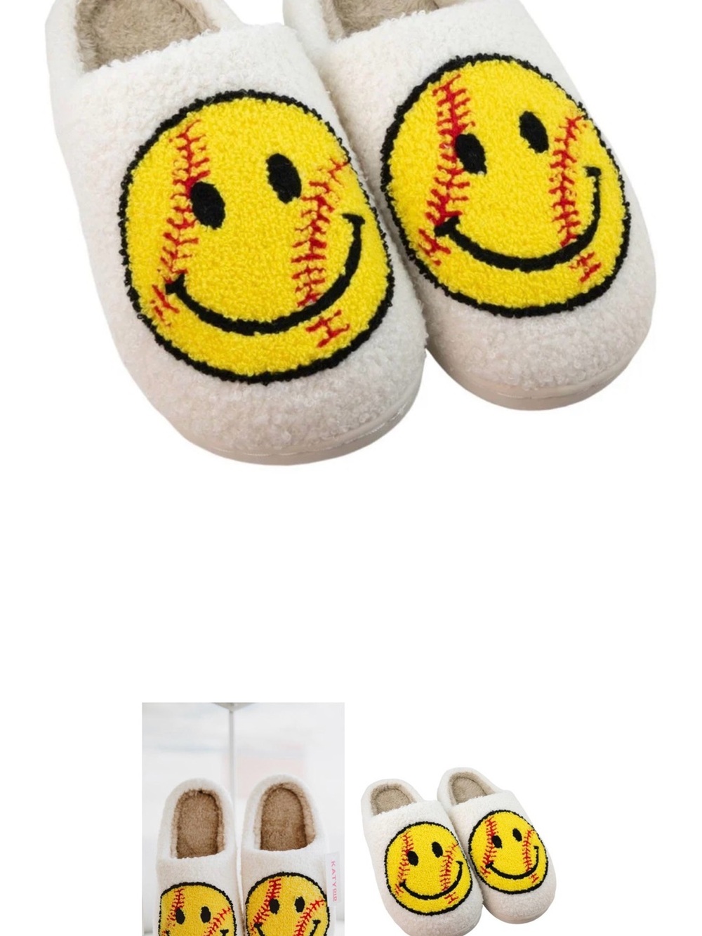 KATYDID Yellow Smiley Softball Graphic Slippers/House shoes/slide Size 7-8 NEW!!